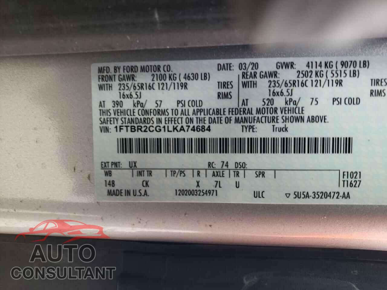 FORD TRANSIT CO 2020 - 1FTBR2CG1LKA74684