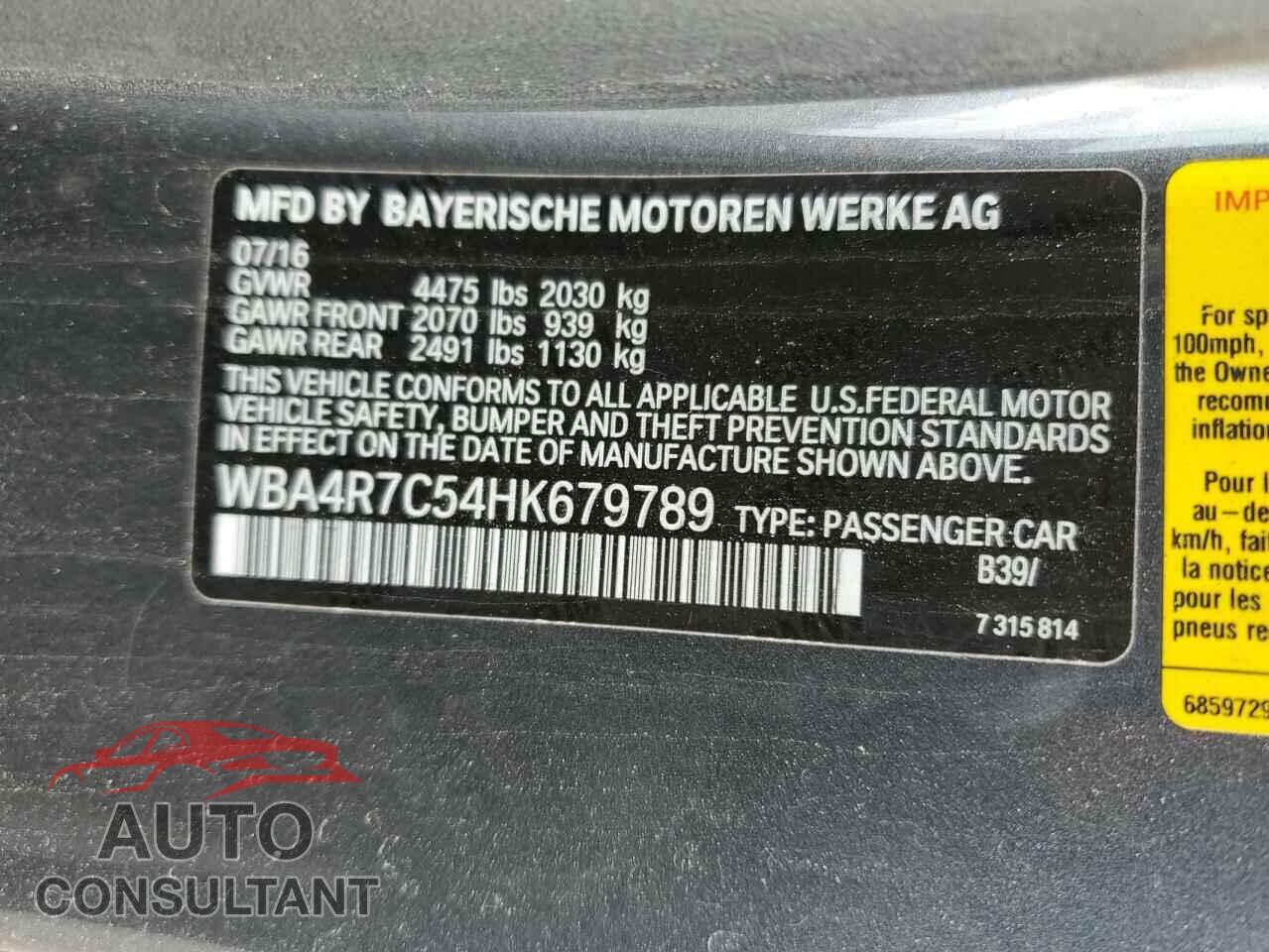 BMW 4 SERIES 2017 - WBA4R7C54HK679789