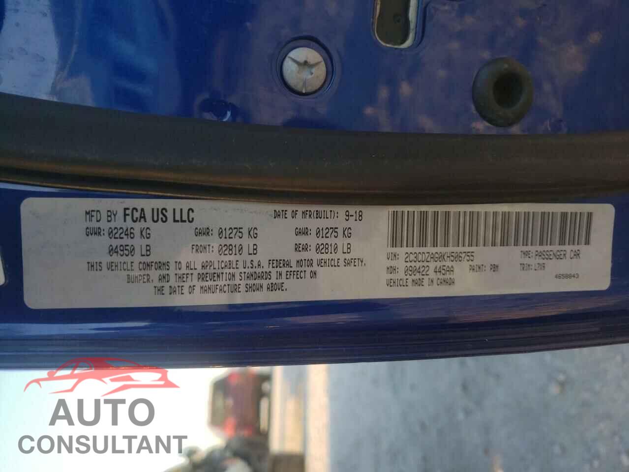 DODGE CHALLENGER 2019 - 2C3CDZAG0KH506755