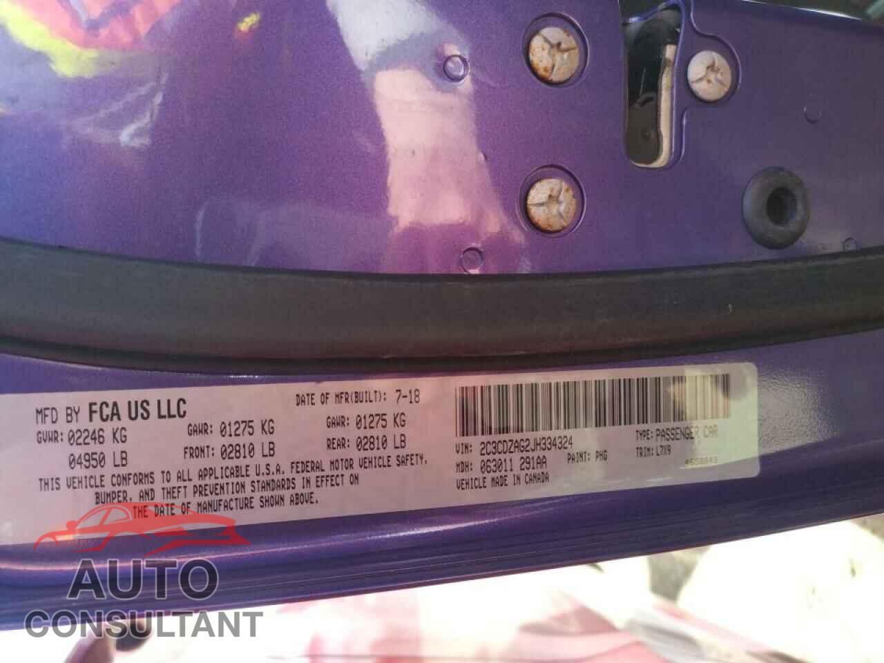 DODGE CHALLENGER 2018 - 2C3CDZAG2JH334324