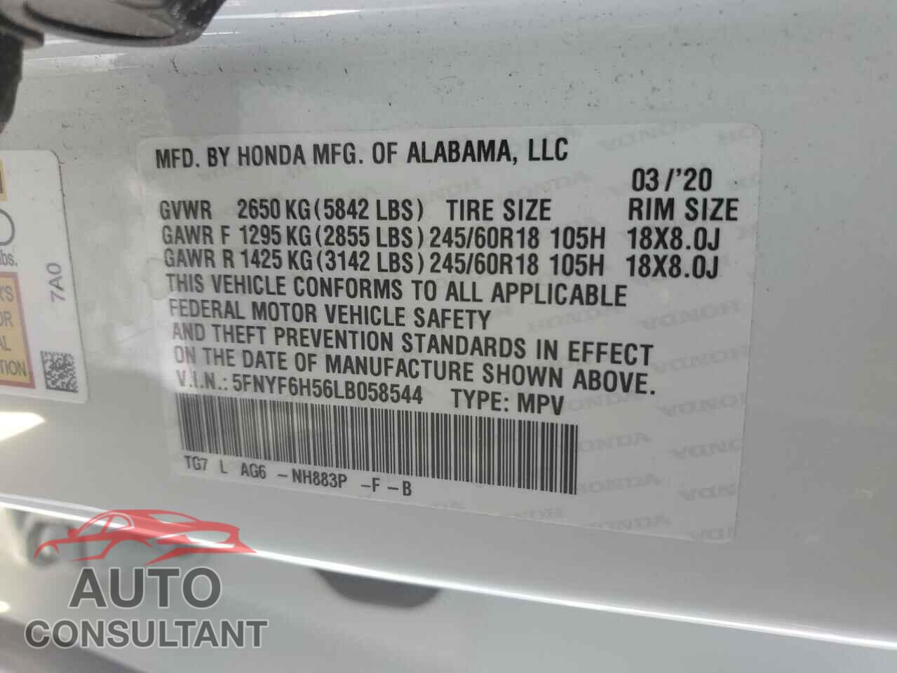 HONDA PILOT 2020 - 5FNYF6H56LB058544