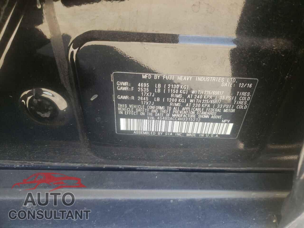 SUBARU OUTBACK 2017 - 4S4BSACC4H3315212