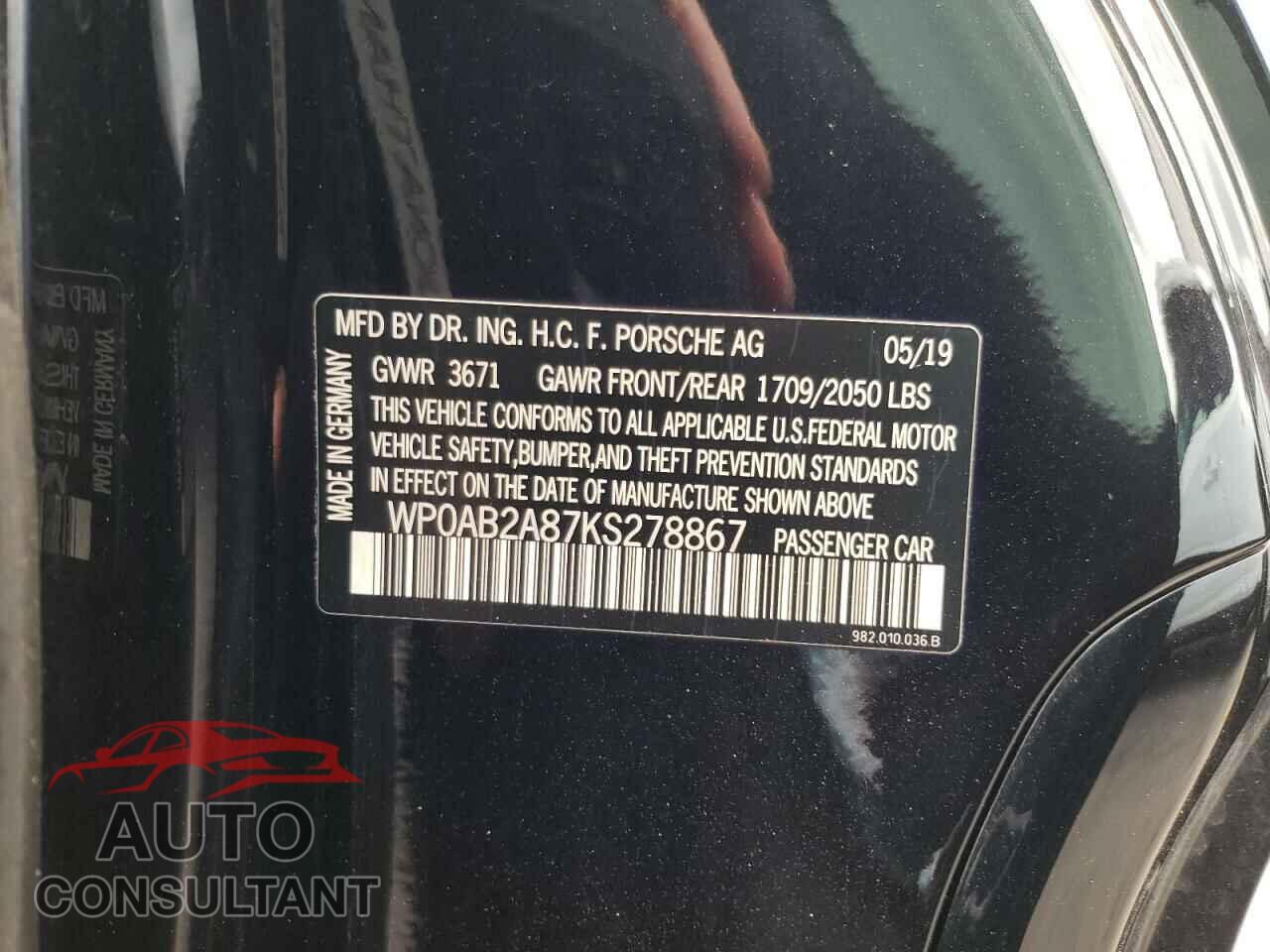 PORSCHE CAYMAN 2019 - WP0AB2A87KS278867