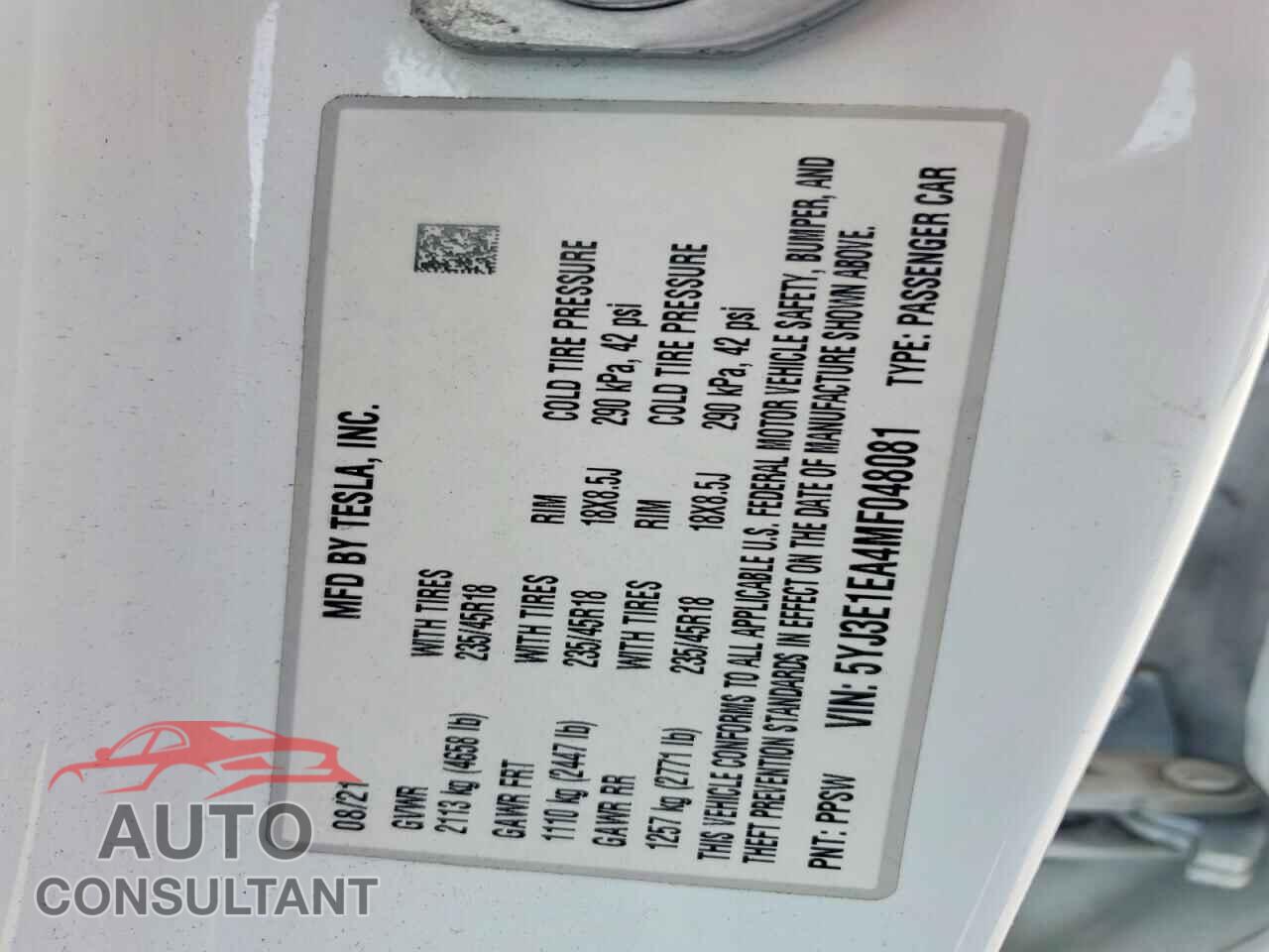 TESLA MODEL 3 2021 - 5YJ3E1EA4MF048081