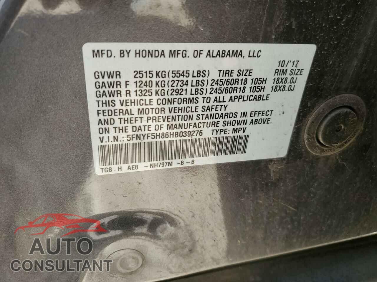 HONDA PILOT 2017 - 5FNYF5H86HB039276