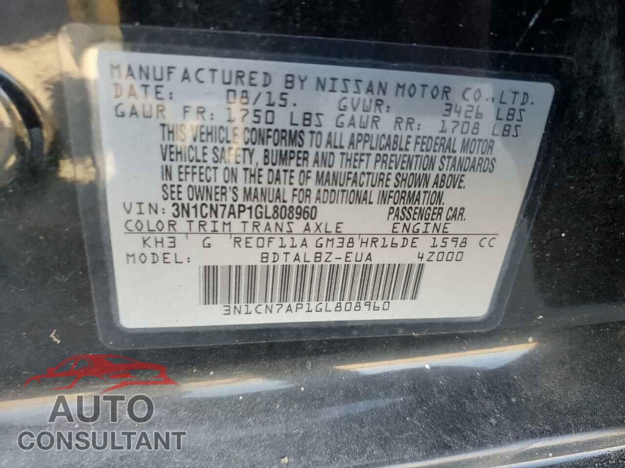 NISSAN VERSA 2016 - 3N1CN7AP1GL808960