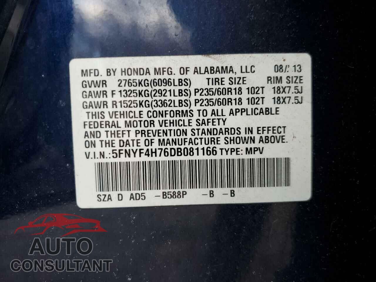 HONDA PILOT 2013 - 5FNYF4H76DB081166