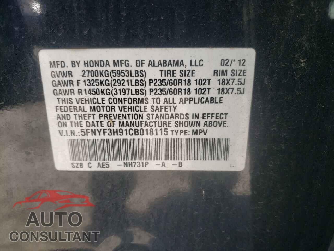 HONDA PILOT 2012 - 5FNYF3H91CB018115