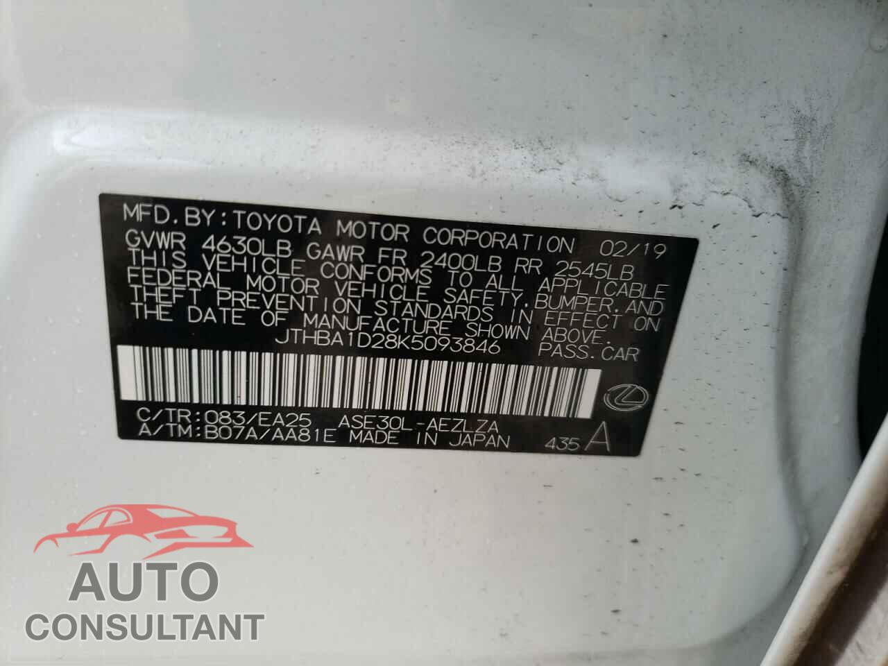 LEXUS IS 2019 - JTHBA1D28K5093846