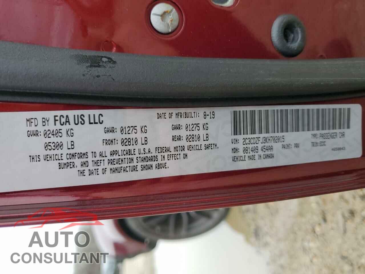 DODGE CHALLENGER 2019 - 2C3CDZFJ3KH702015