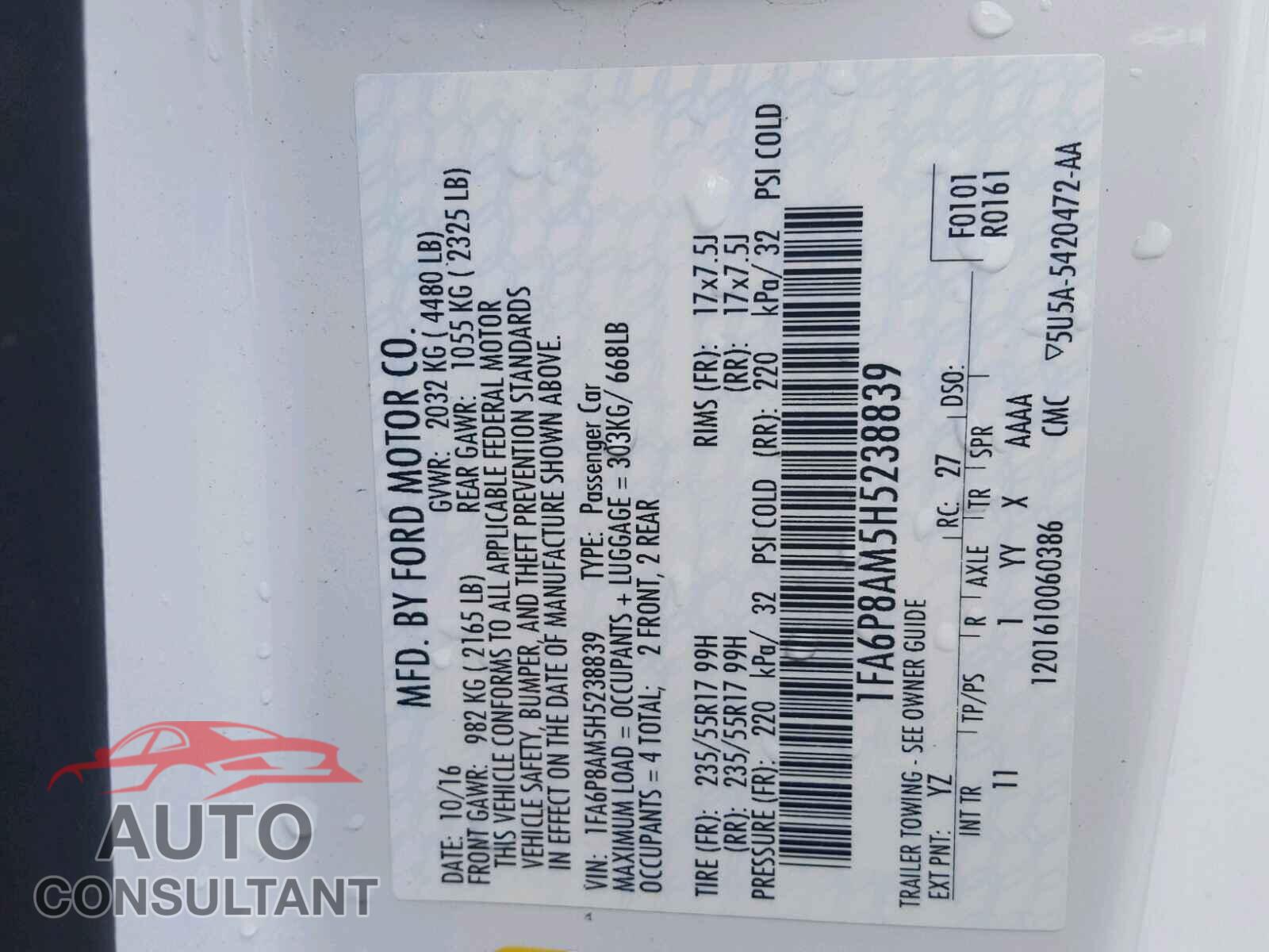 FORD MUSTANG 2017 - 1FA6P8AM5H5238839