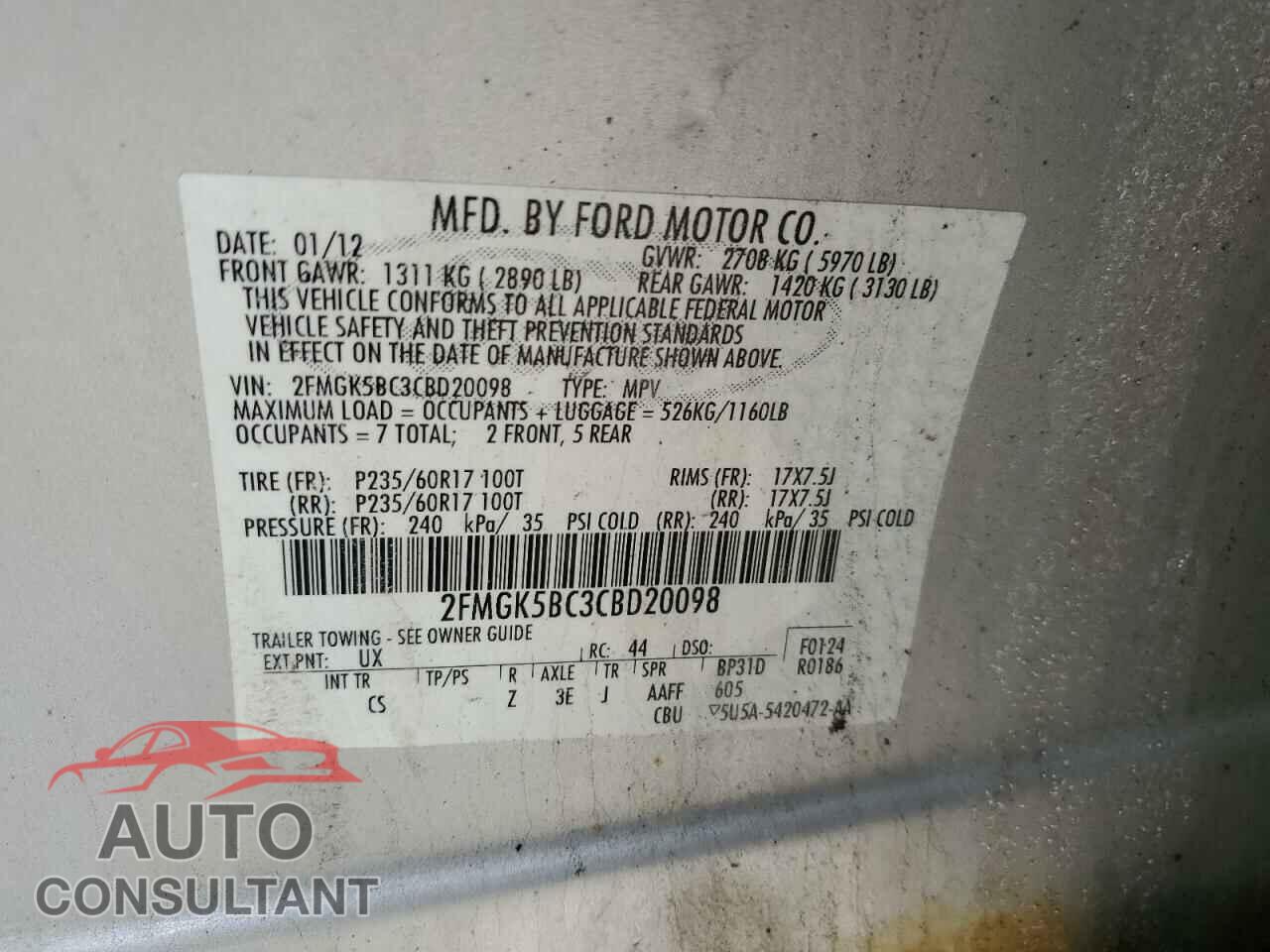 FORD FLEX 2012 - 2FMGK5BC3CBD20098