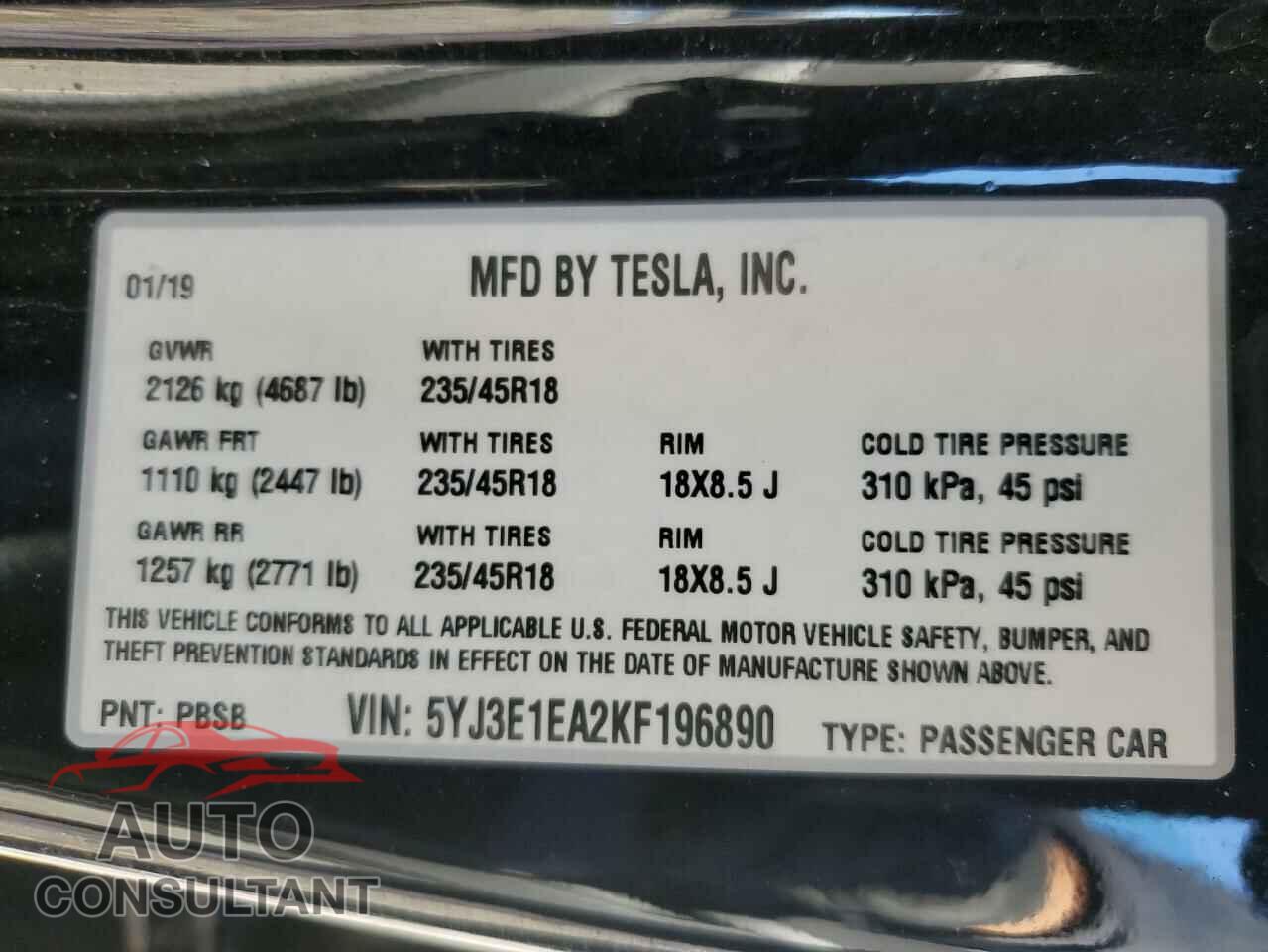 TESLA MODEL 3 2019 - 5YJ3E1EA2KF196890