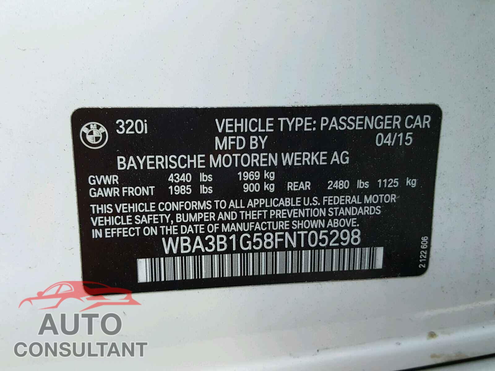 BMW 3 SERIES 2015 - WBA3B1G58FNT05298