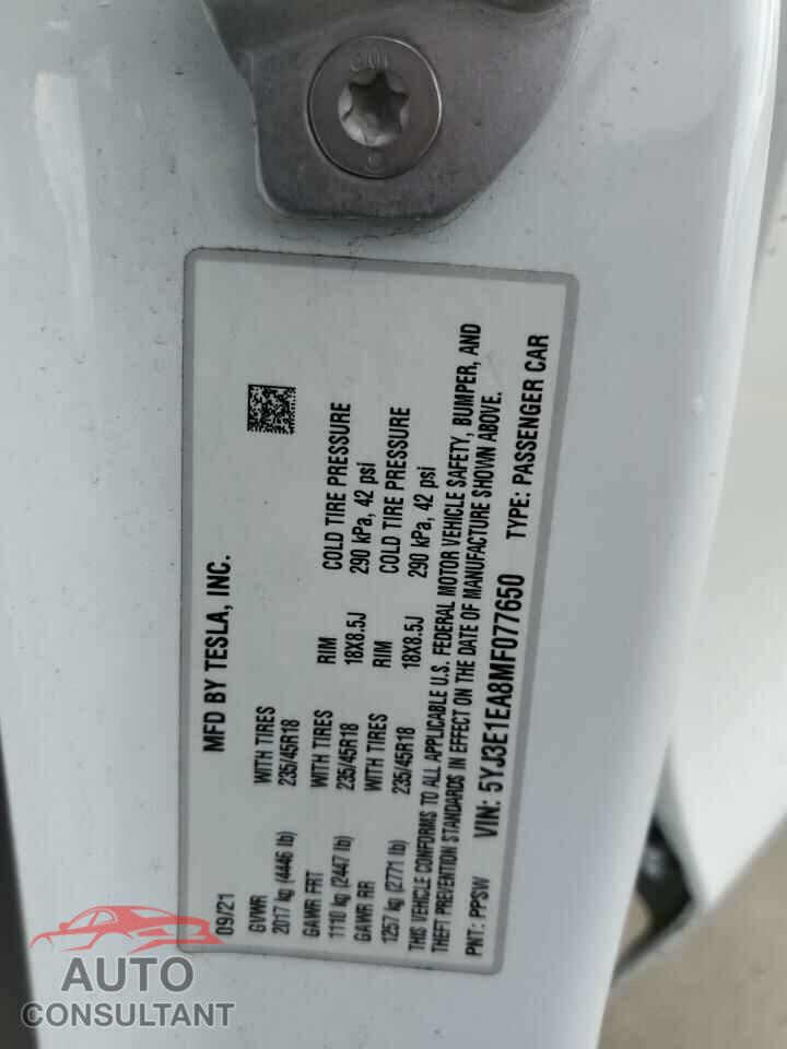 TESLA MODEL 3 2021 - 5YJ3E1EA8MF077650