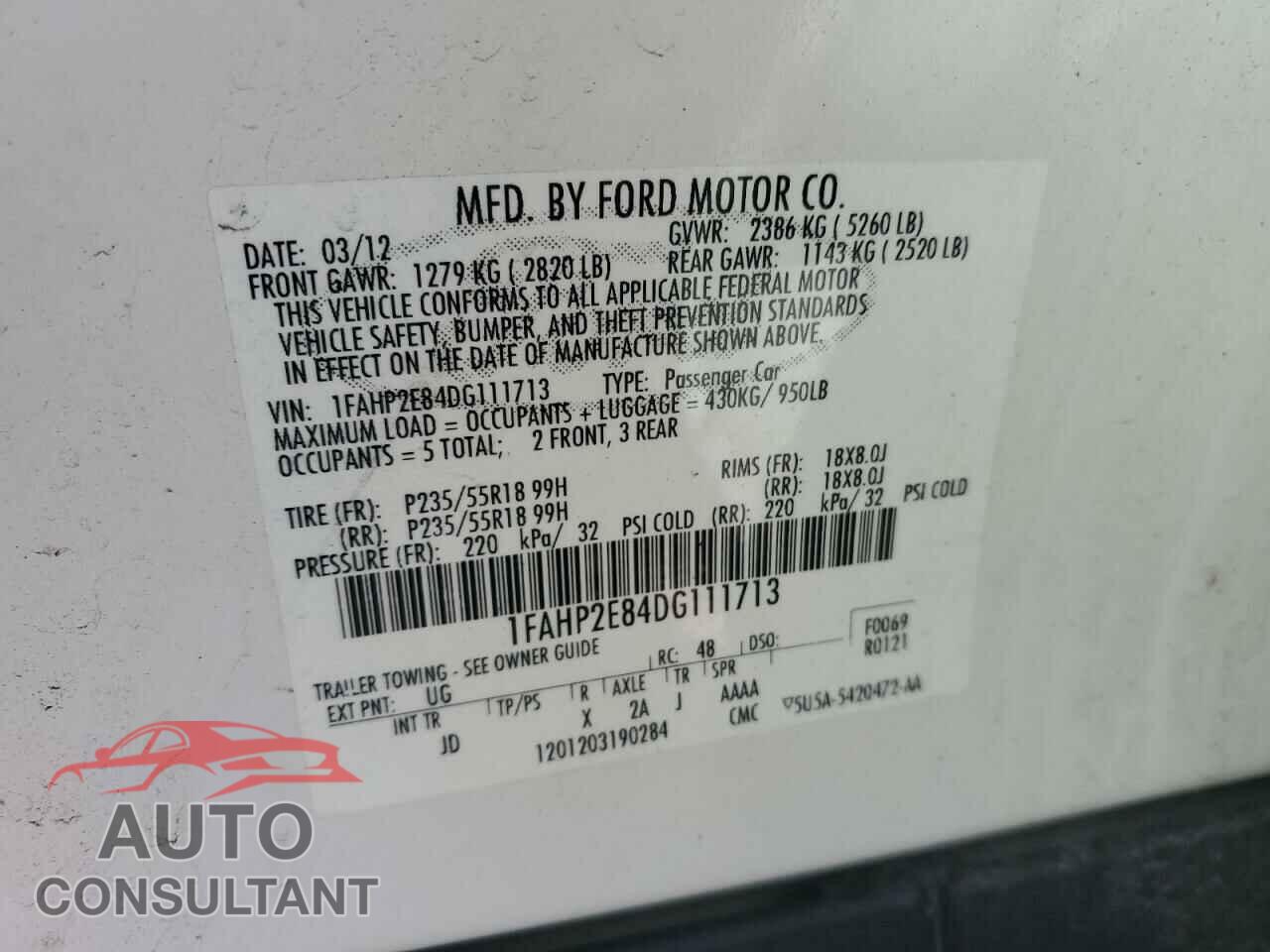 FORD TAURUS 2013 - 1FAHP2E84DG111713