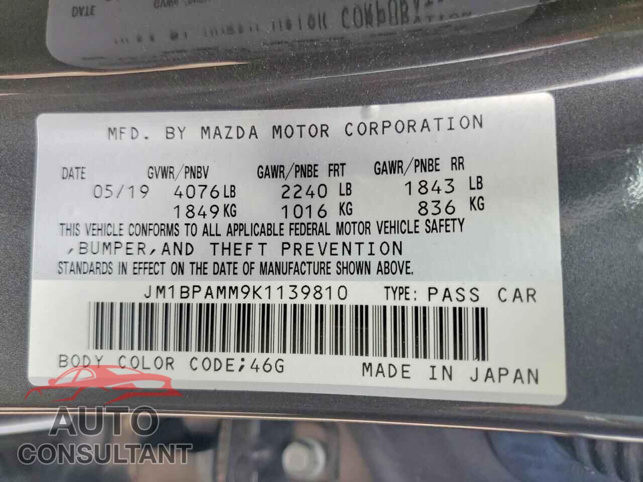 MAZDA 3 2019 - JM1BPAMM9K1139810