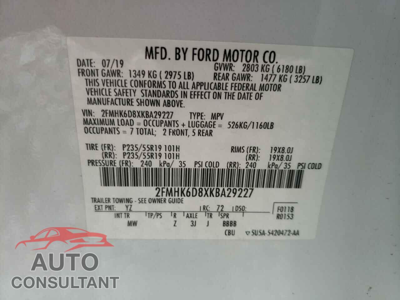 FORD FLEX 2019 - 2FMHK6D8XKBA29227