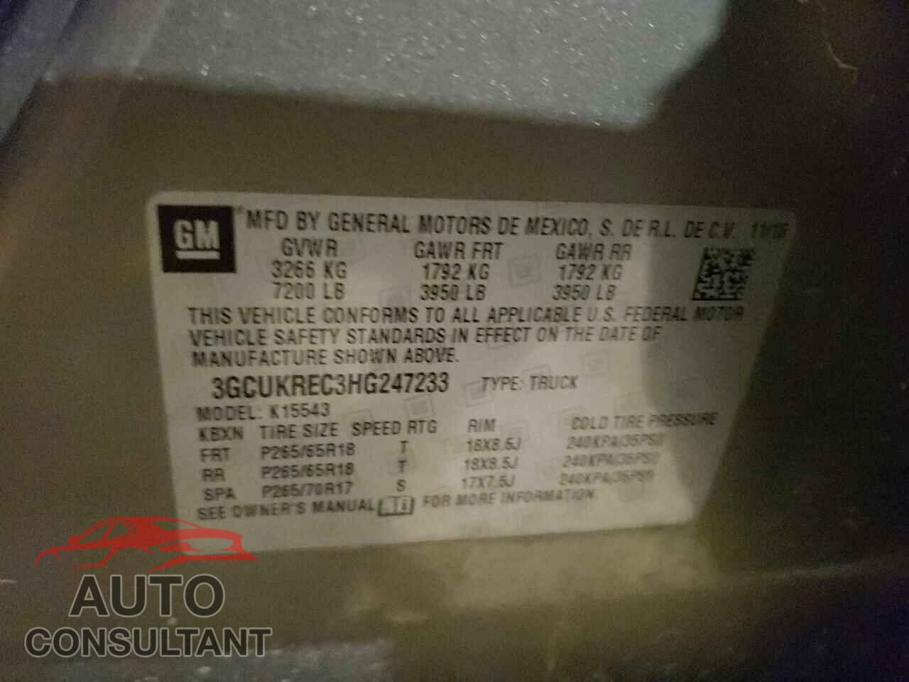 CHEVROLET SILVERADO 2017 - 3GCUKREC3HG247233