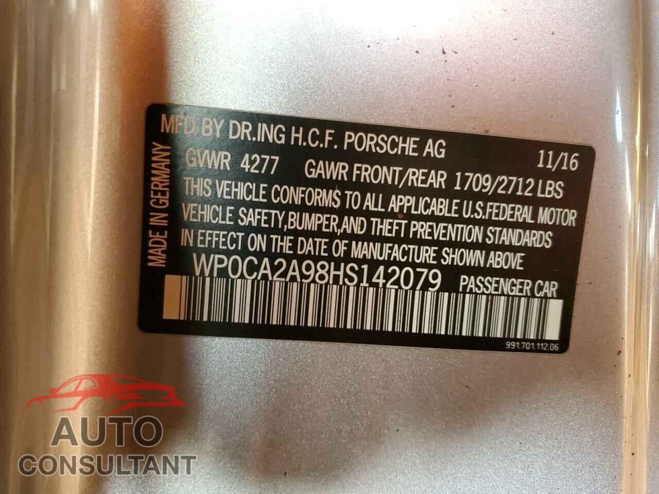 PORSCHE 911 2017 - WP0CA2A98HS142079