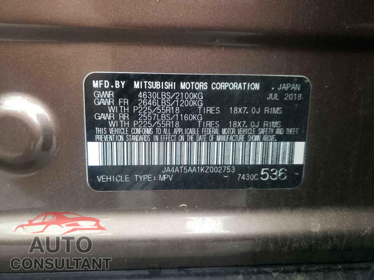 MITSUBISHI ECLIPSE 2019 - JA4AT5AA1KZ002753