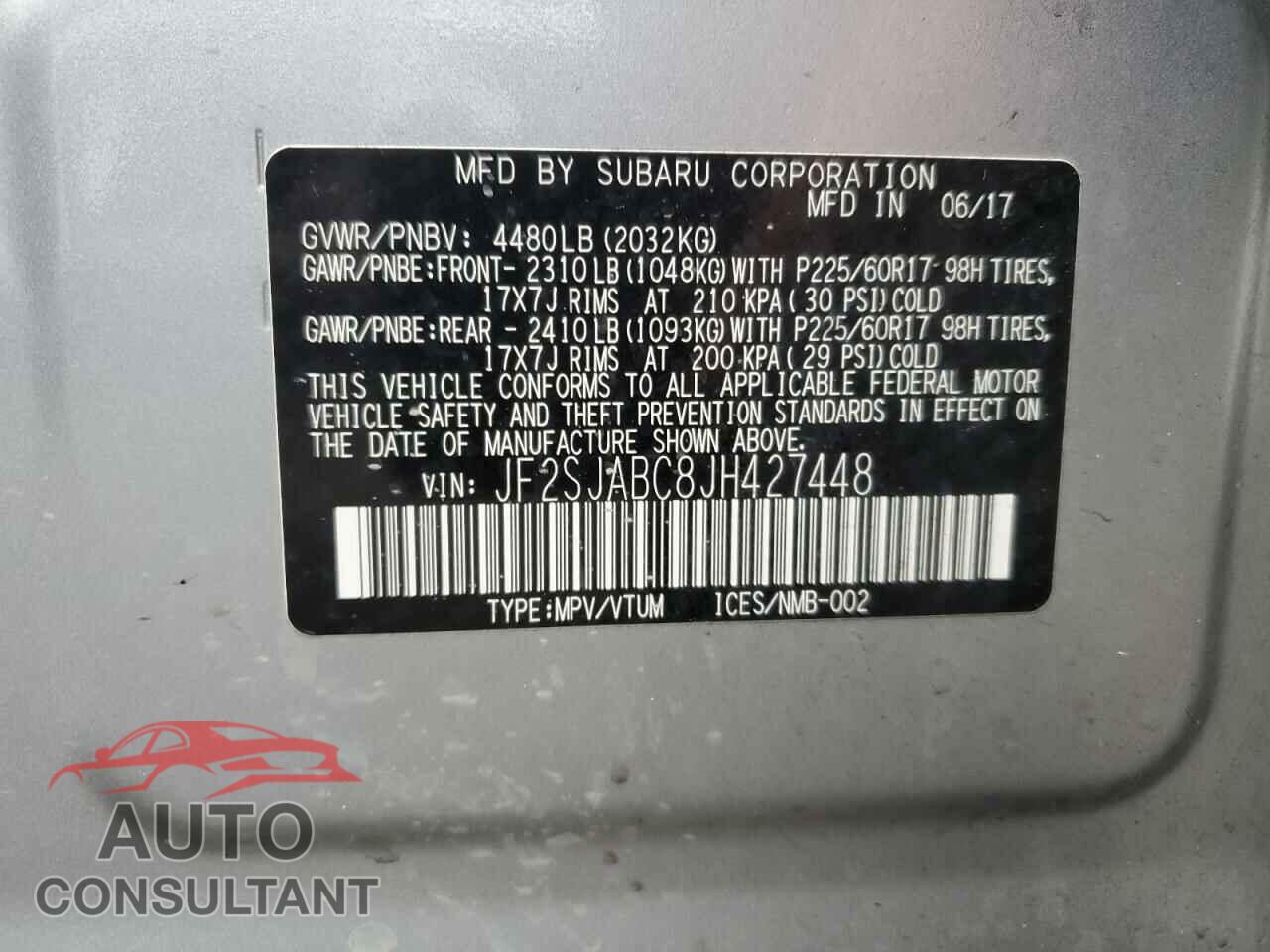 SUBARU FORESTER 2018 - JF2SJABC8JH427448