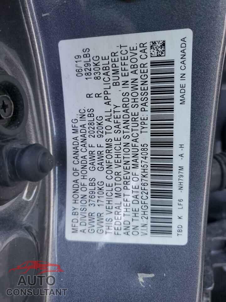 HONDA CIVIC 2019 - 2HGFC2F67KH574085