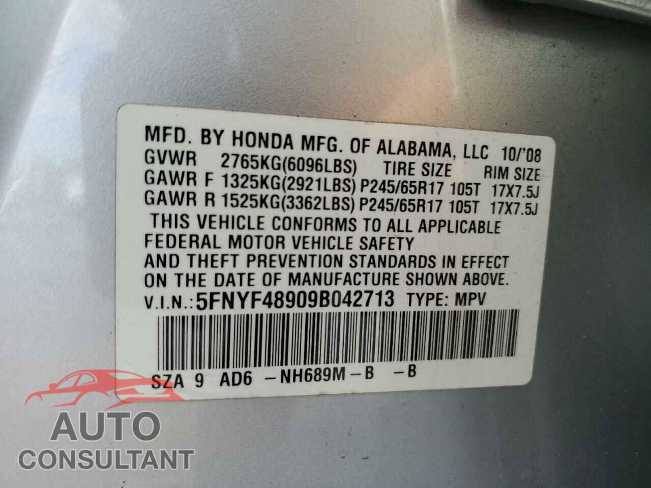 HONDA PILOT 2009 - 5FNYF48909B042713