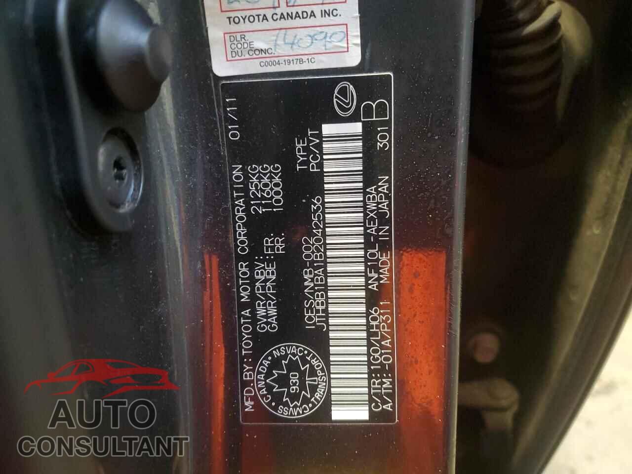 LEXUS HS 2011 - JTHBB1BA1B2042536