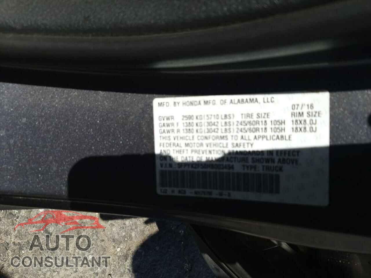 HONDA RIDGELINE 2017 - 5FPYK2F58HB003454