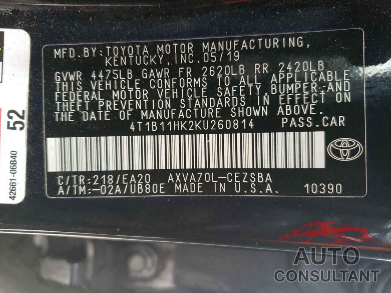 TOYOTA CAMRY 2019 - 4T1B11HK2KU260814