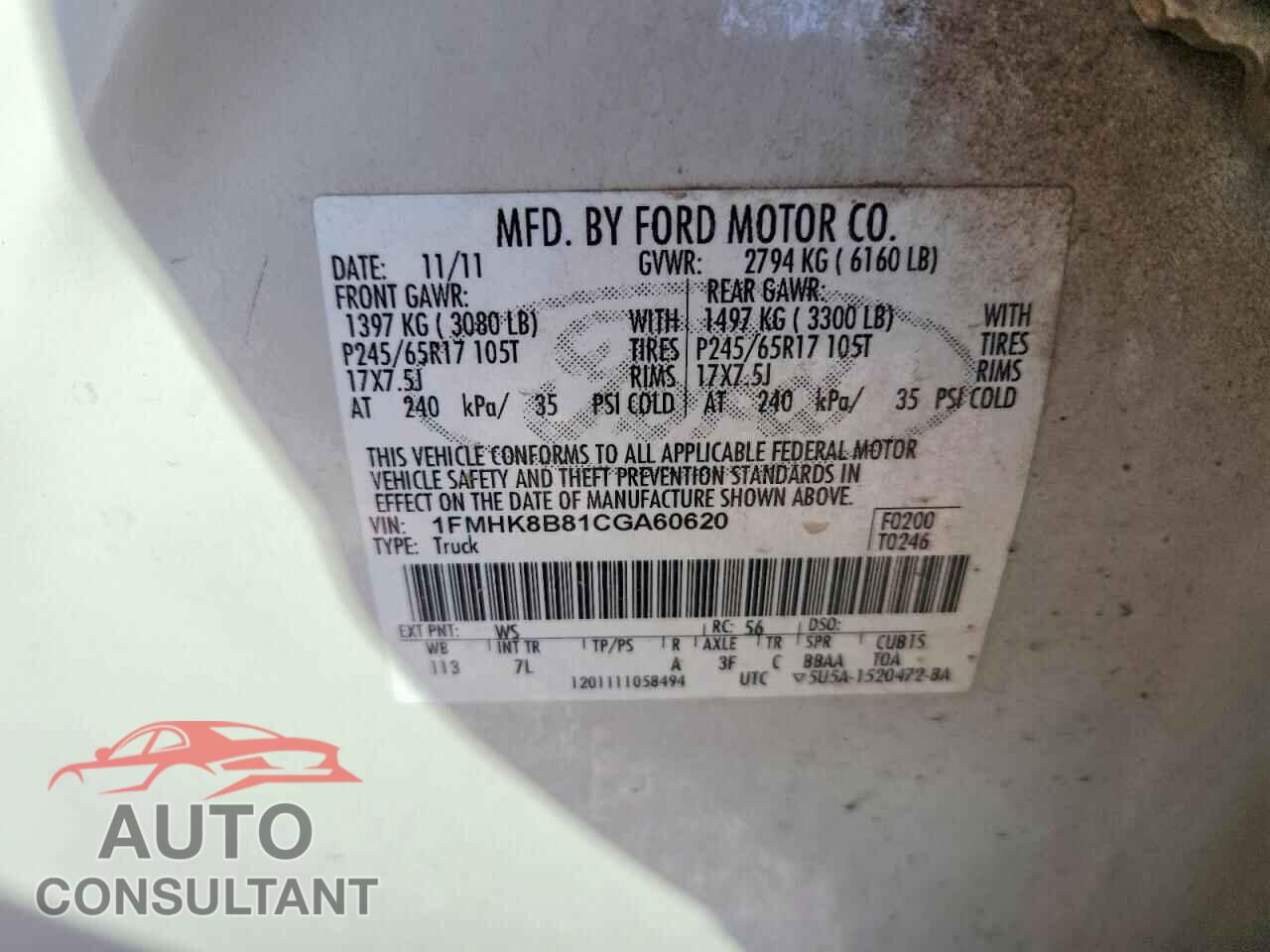 FORD EXPLORER 2012 - 1FMHK8B81CGA60620