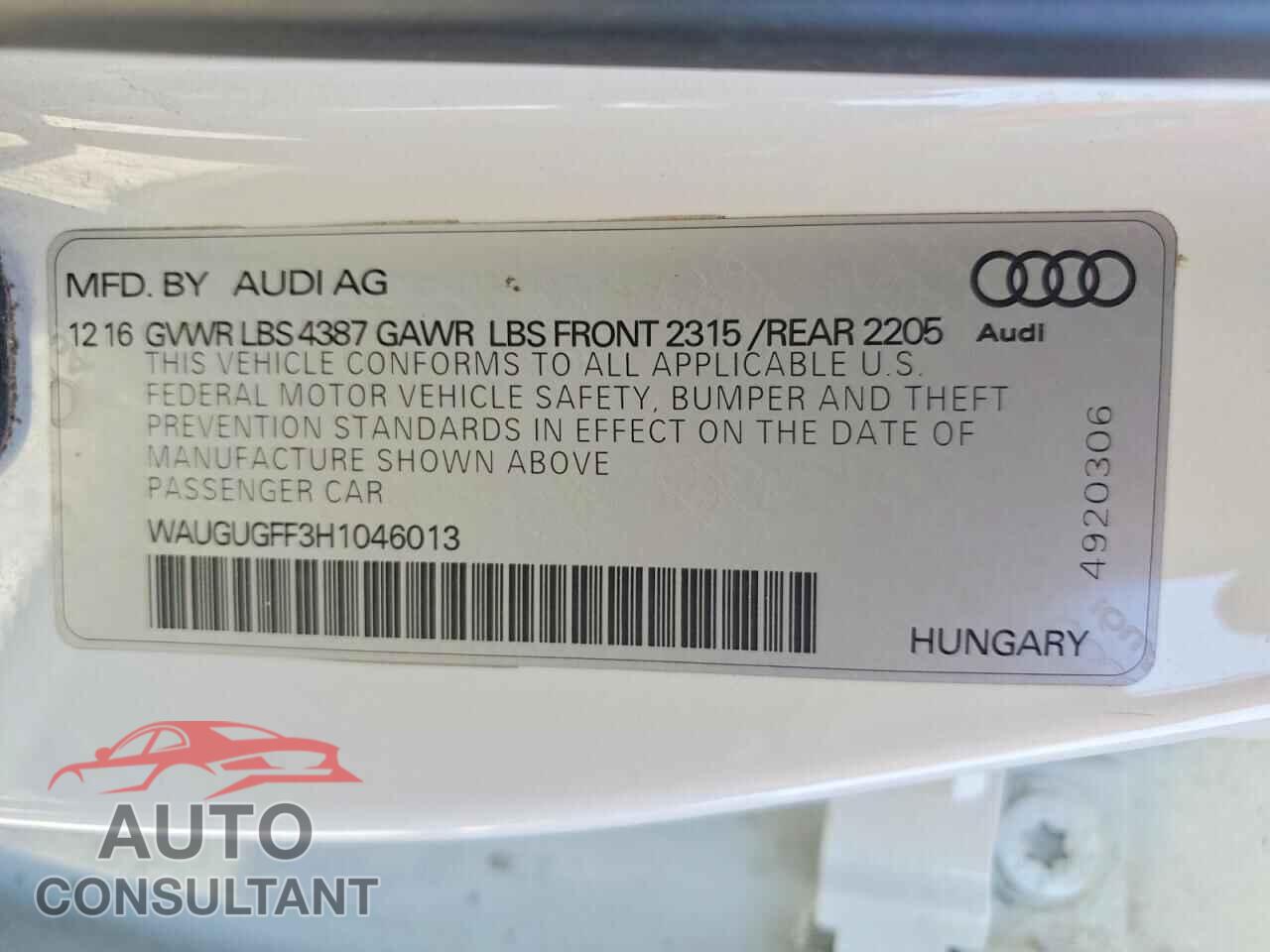 AUDI A3 2017 - WAUGUGFF3H1046013