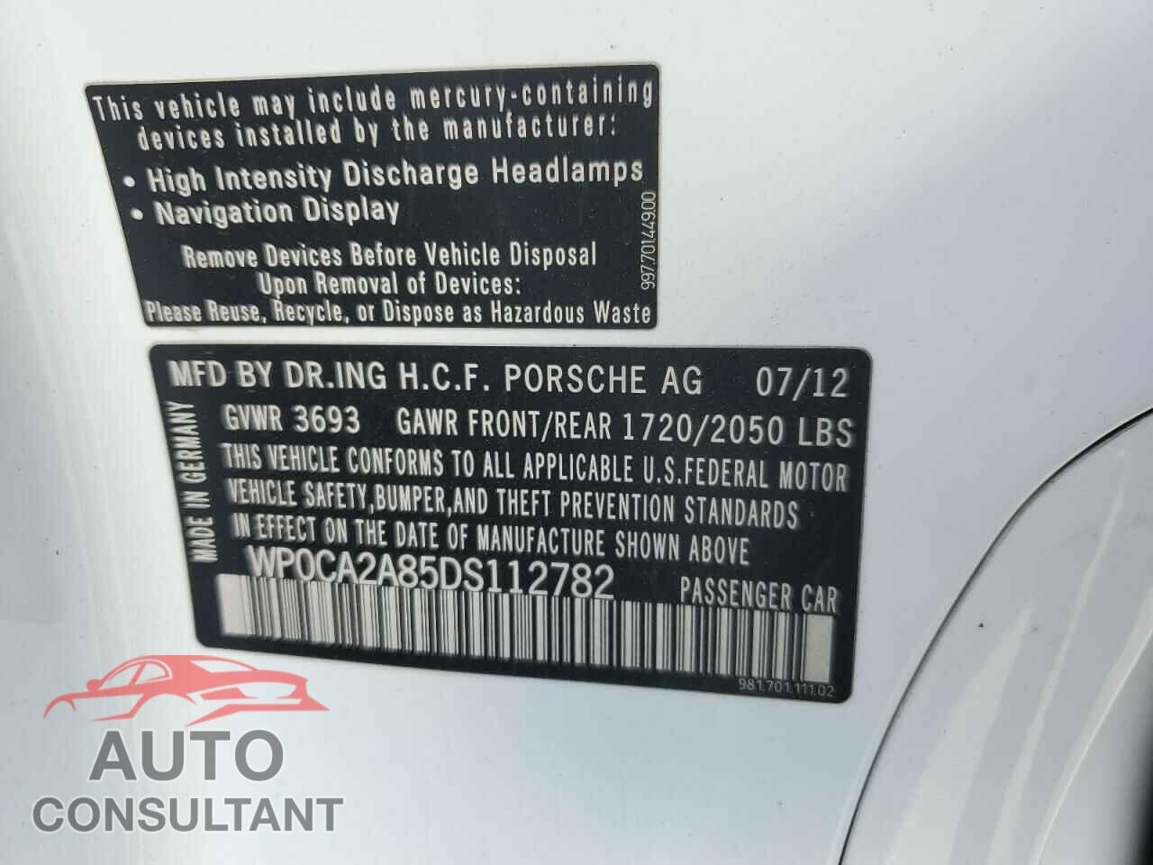 PORSCHE BOXSTER 2013 - WP0CA2A85DS112782