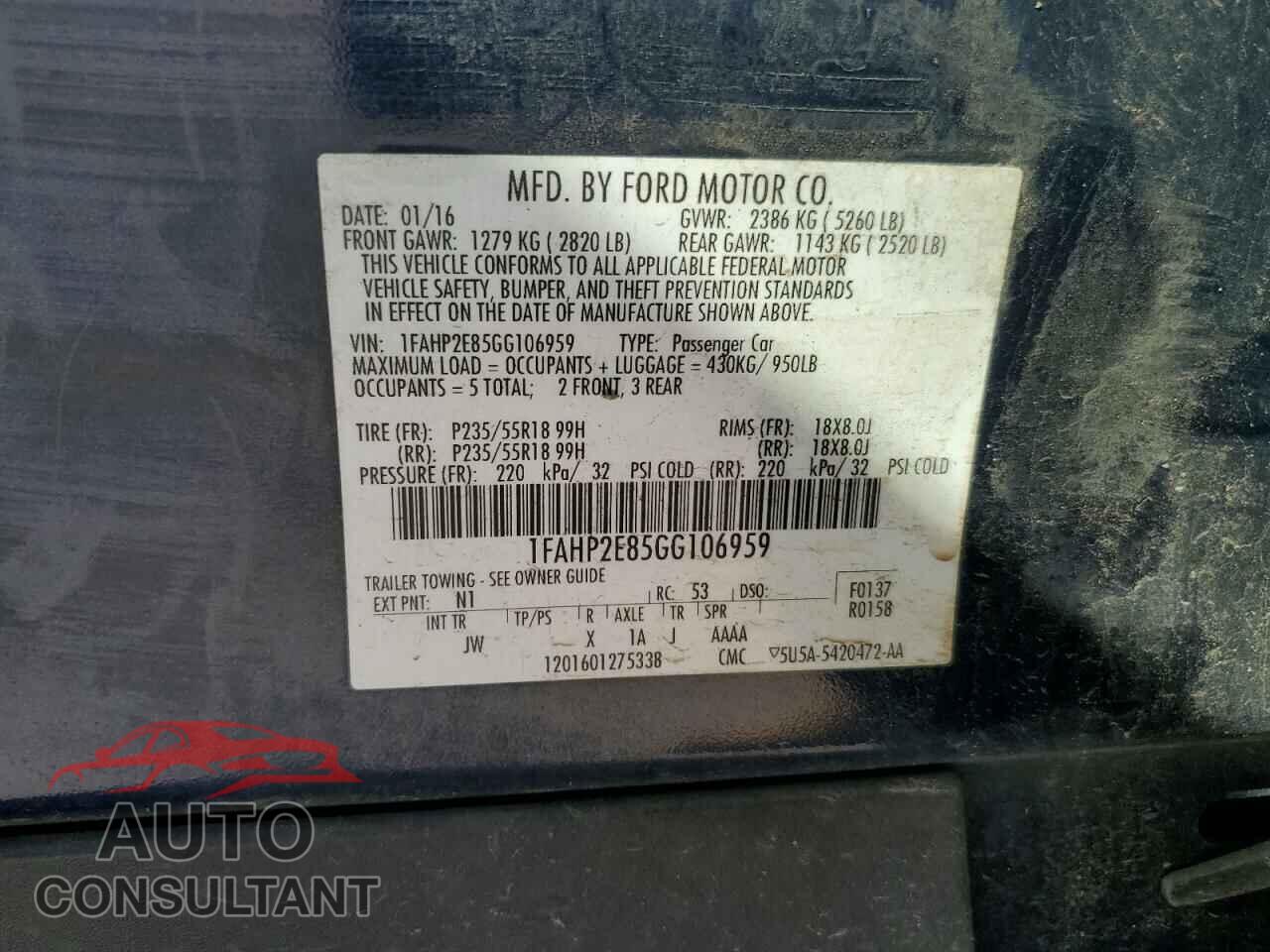 FORD TAURUS 2016 - 1FAHP2E85GG106959