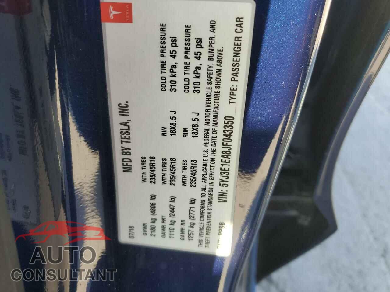 TESLA MODEL 3 2018 - 5YJ3E1EA8JF043350