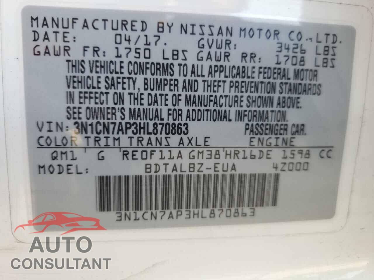 NISSAN VERSA 2017 - 3N1CN7AP3HL870863