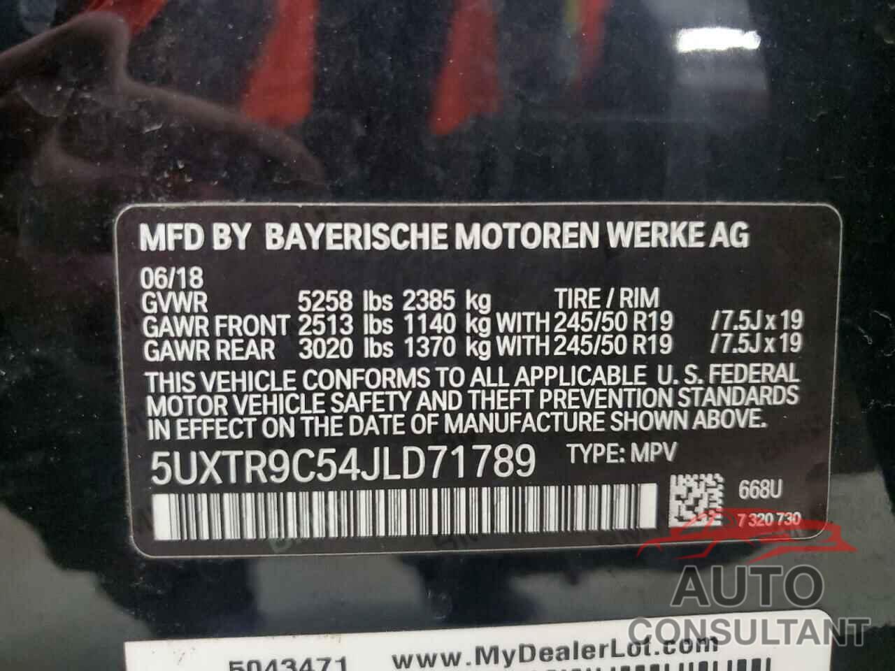 BMW X3 2018 - 5UXTR9C54JLD71789