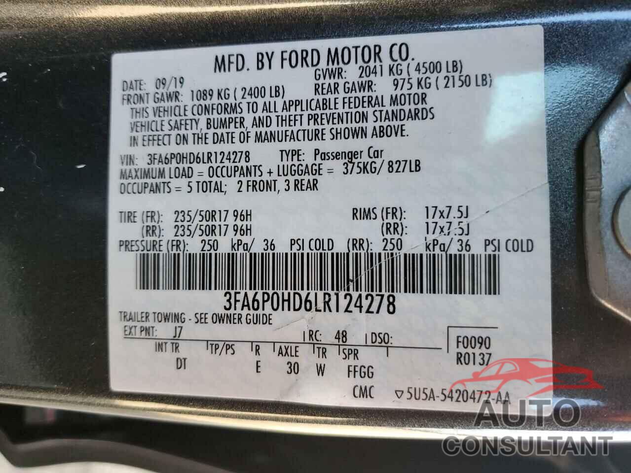 FORD FUSION 2020 - 3FA6P0HD6LR124278