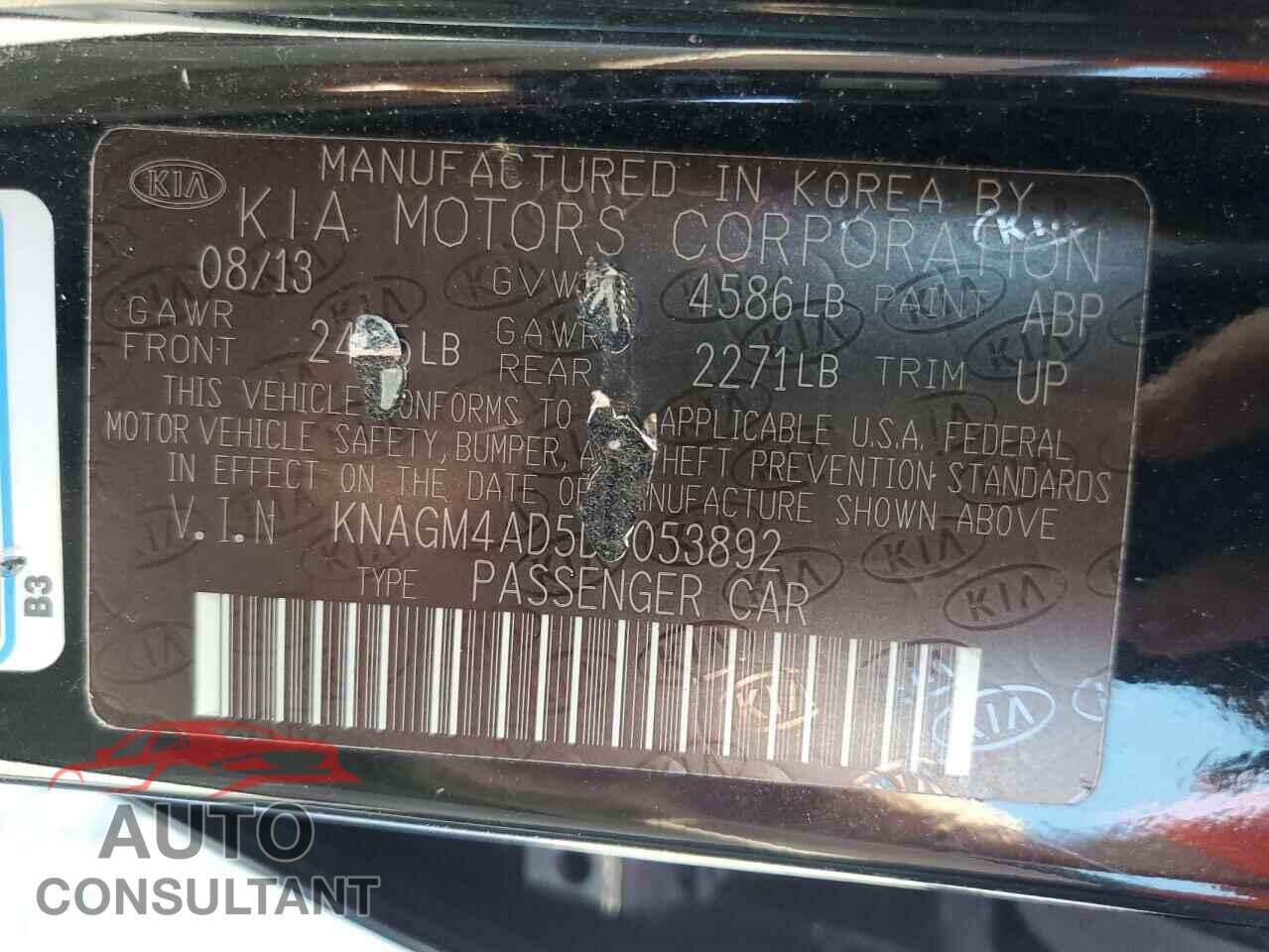 KIA OPTIMA 2013 - KNAGM4AD5D5053892