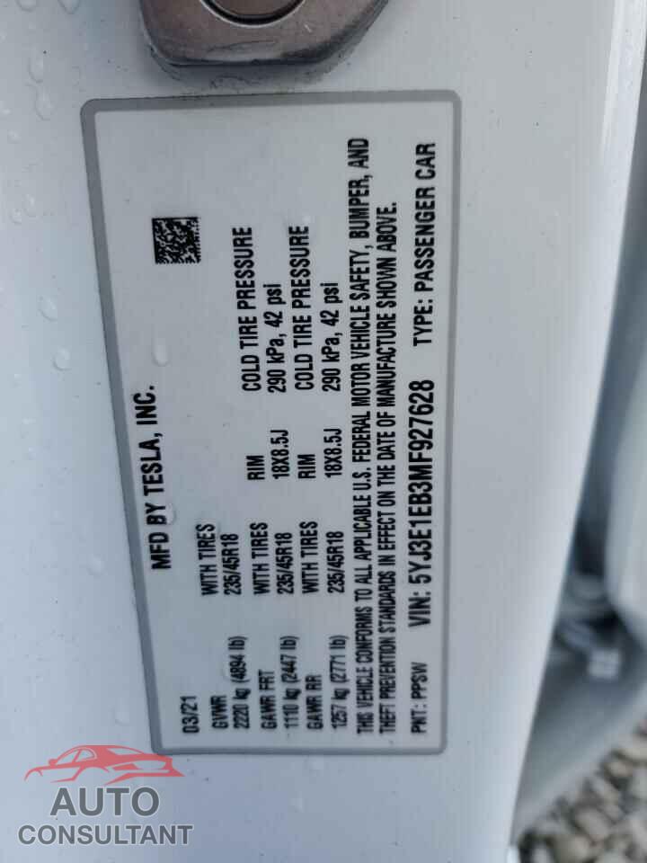 TESLA MODEL 3 2021 - 5YJ3E1EB3MF927628