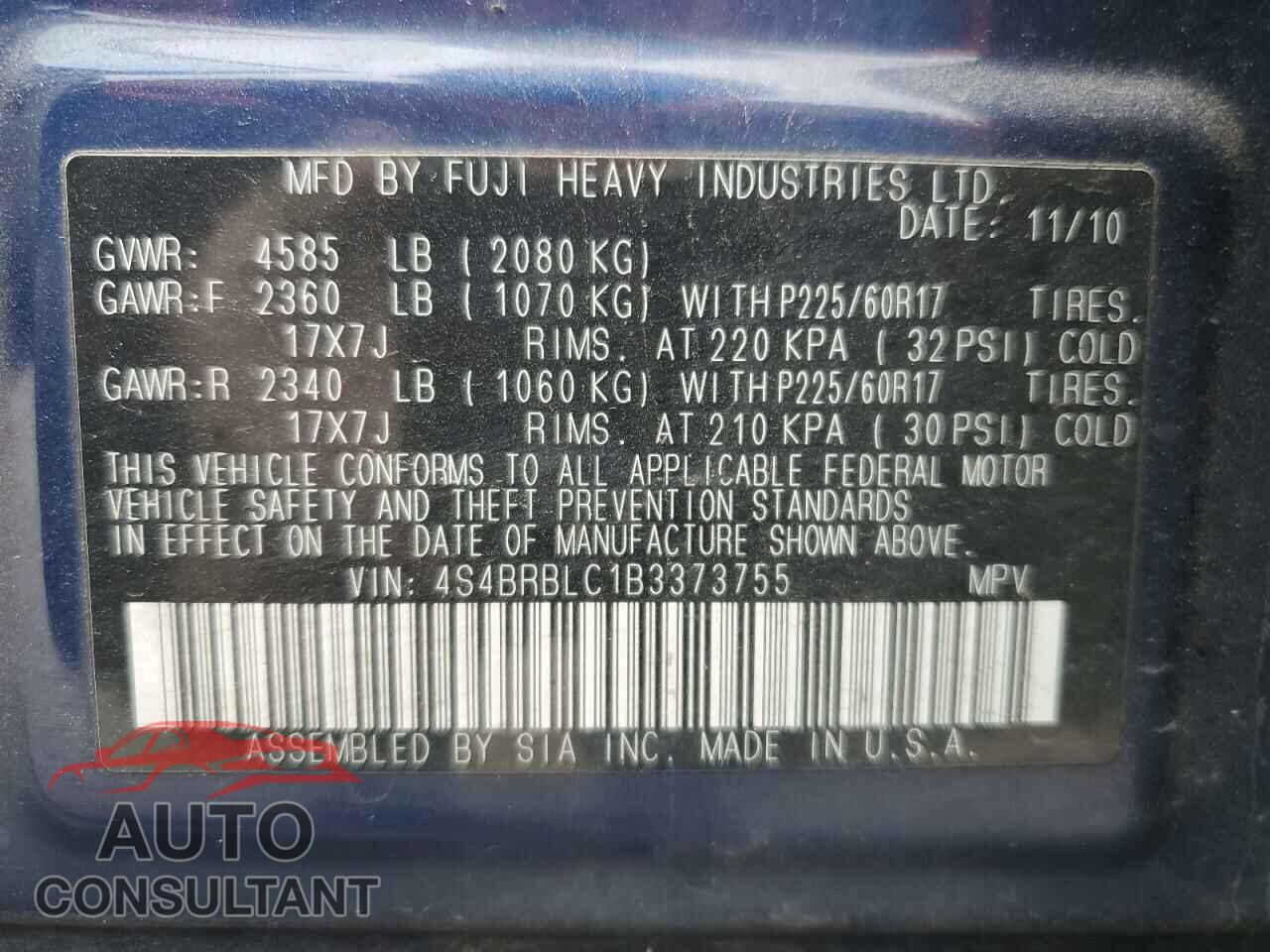 SUBARU OUTBACK 2011 - 4S4BRBLC1B3373755