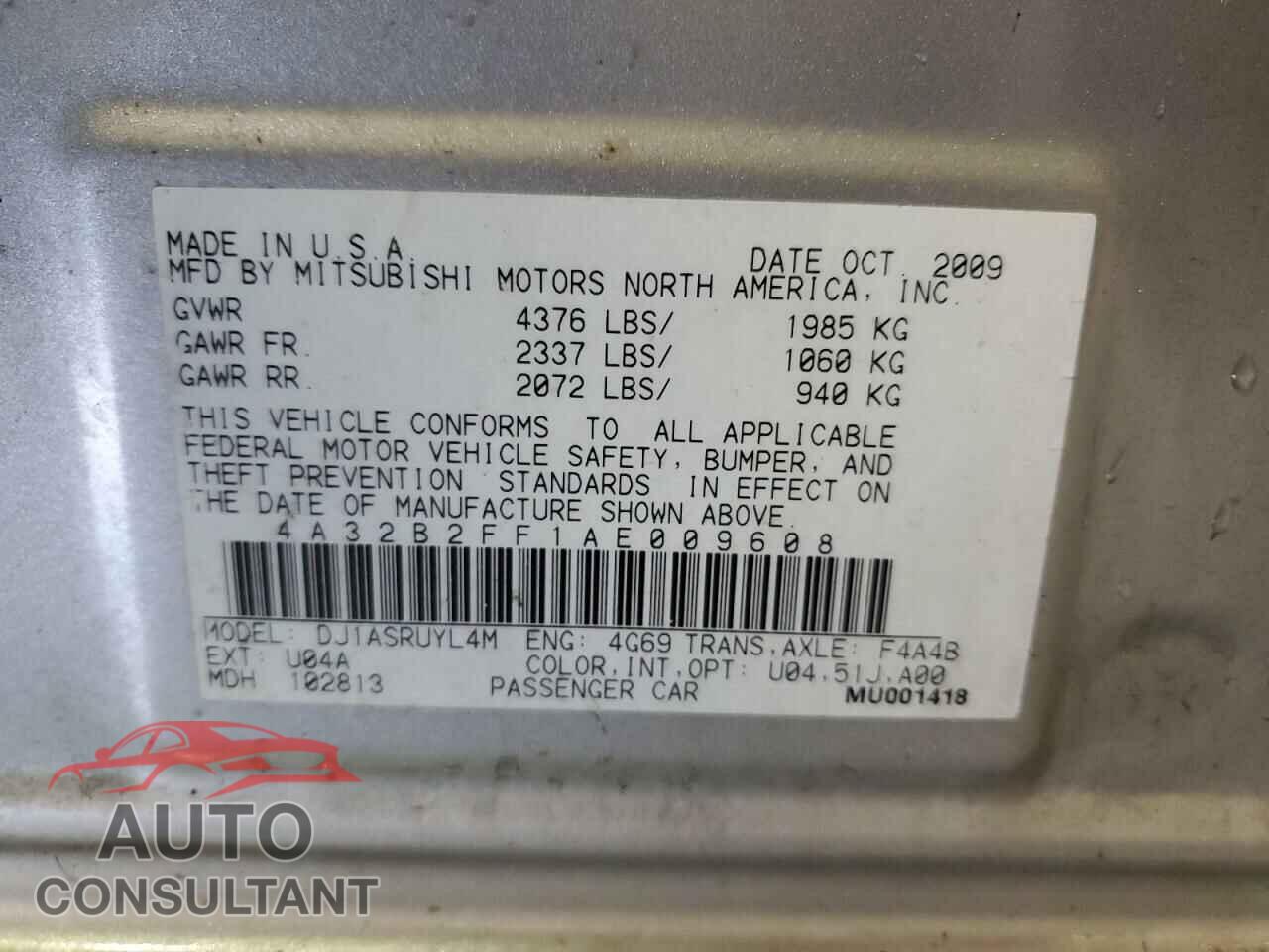 MITSUBISHI GALANT 2010 - 4A32B2FF1AE009608