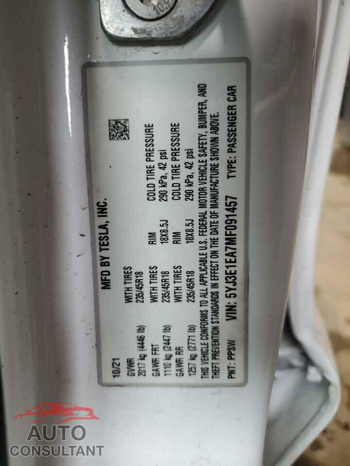 TESLA MODEL 3 2021 - 5YJ3E1EA7MF091457