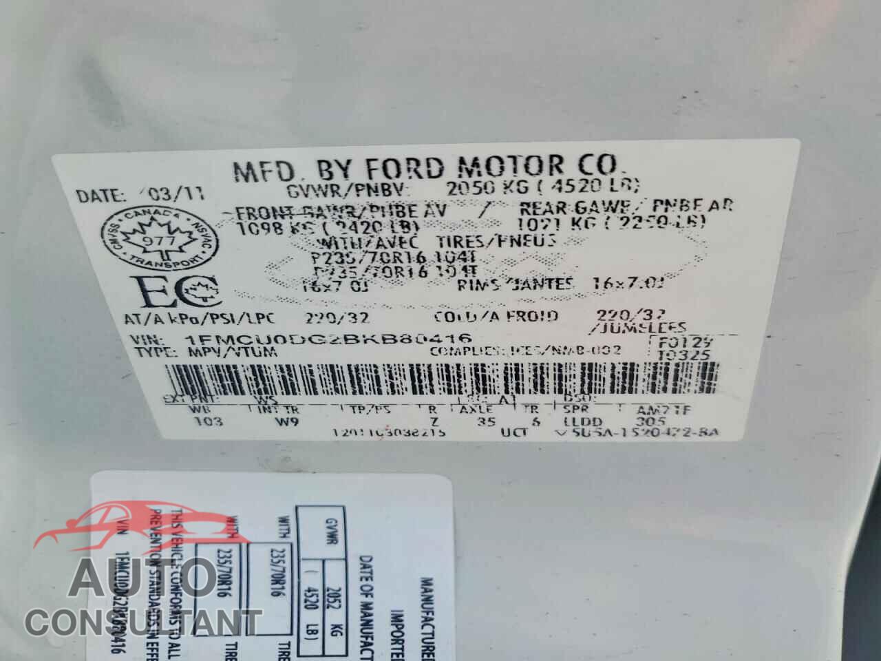 FORD ESCAPE 2011 - 1FMCU0DG2BKB80416