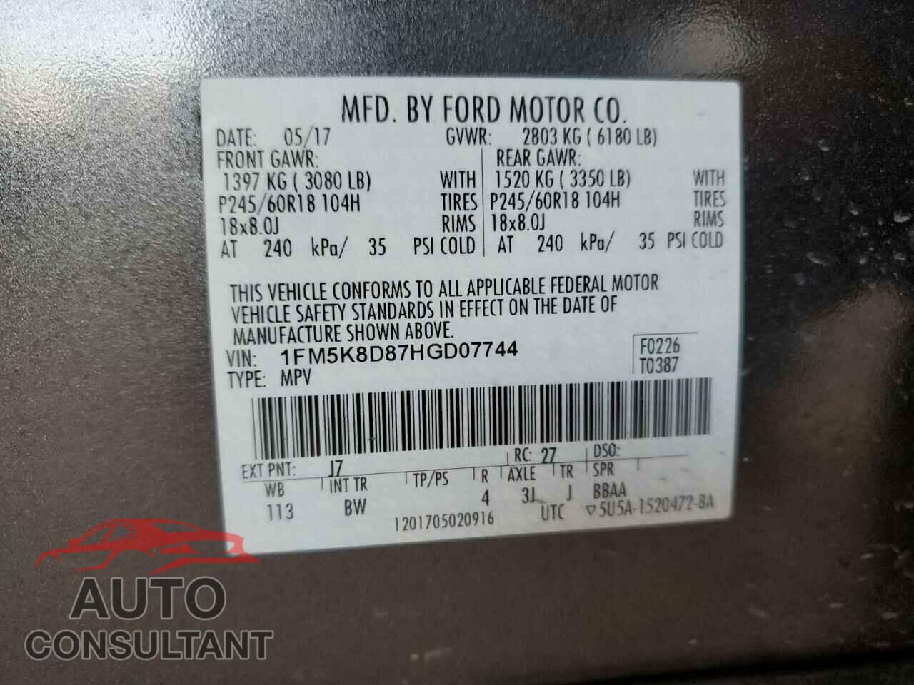 FORD EXPLORER 2017 - 1FM5K8D87HGD07744