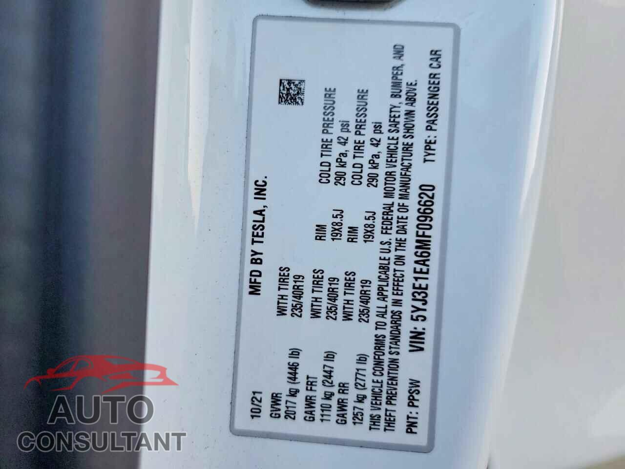 TESLA MODEL 3 2021 - 5YJ3E1EA6MF096620