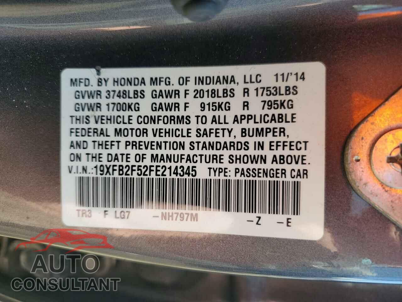 HONDA CIVIC 2015 - 19XFB2F52FE214345