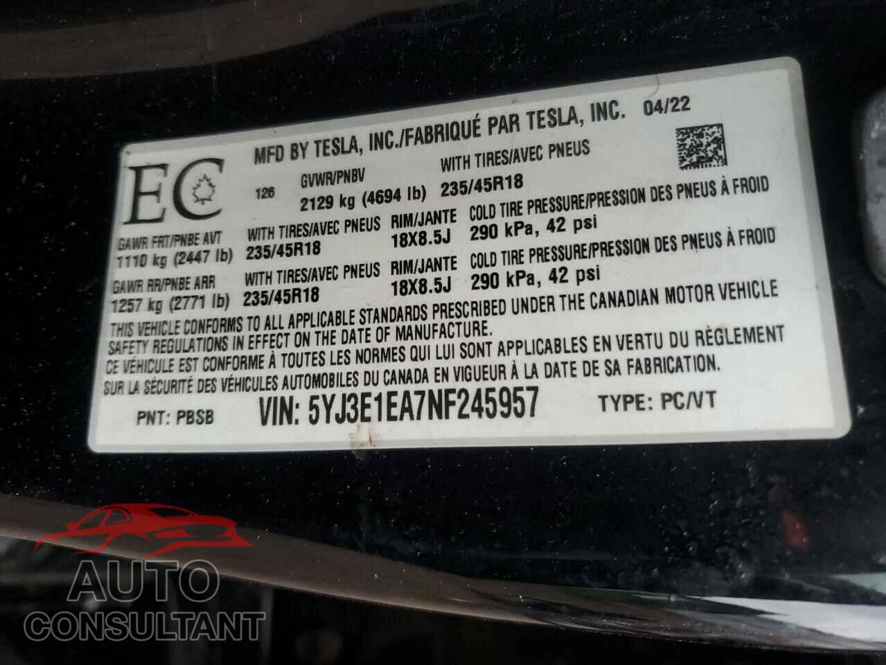 TESLA MODEL 3 2022 - 5YJ3E1EA7NF245957