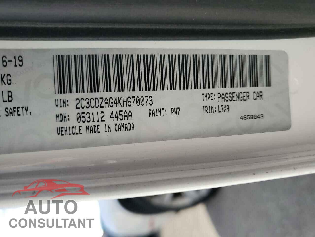 DODGE CHALLENGER 2019 - 2C3CDZAG4KH670073